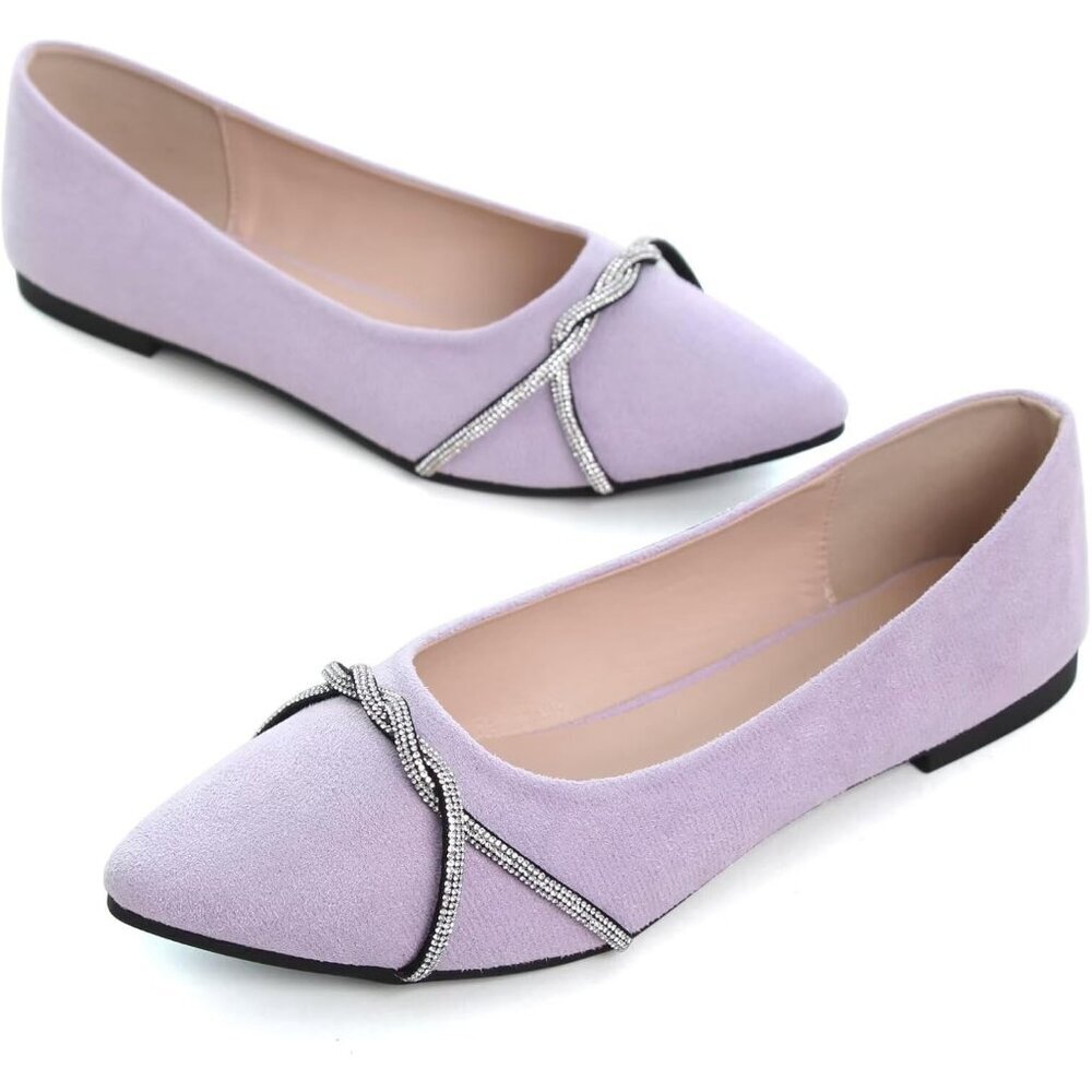 Women's Light Purple Casual Fashion Chain Pointed Toe Ballet Flat Rhinestone - Picture 2 of 7